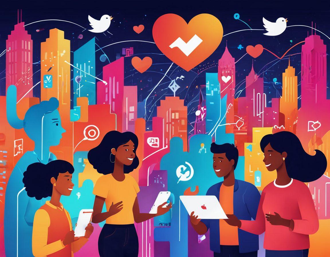 A diverse group of animated characters enthusiastically interacting on digital devices, surrounded by vibrant graphic elements depicting social media platforms and online communities. The background should showcase a digital cityscape with dynamic lines illustrating connectivity. Include symbols of engagement like hearts, comments, and likes floating in the air. bright colors. modern digital art.